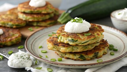 Delicious Zucchini Fritters Garnished with Sour Cream, Featuring a Perfect Blend of Crispy and Creamy Textures