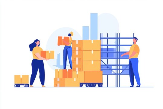 Team inspecting inventory in a warehouse with tall shelves and boxes, working efficiently in a large, organized space with a practical vibe