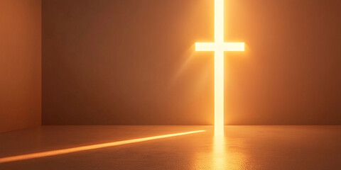 Naklejka premium Glowing Cross in Minimalistic Interior. Modern Christian Symbol of Faith and Spiritual Light for Religious Designs, Church Backgrounds, and Sacred Easter Concepts. 