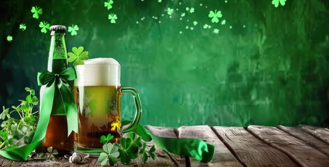 Refreshing green drink in a beer mug with a bottle, shamrock plant, and festive ribbon bow on wooden background