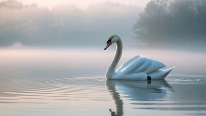 Graceful Swan in Morning Mist