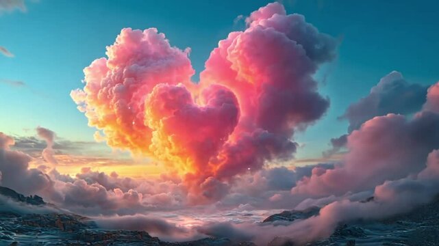 Heart-shaped cloud formation at sunset over a landscape.  Possible use Background for love-themed design