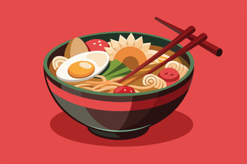 A colorful ramen bowl filled with noodles, vegetables, and a soft-boiled egg awaits customization, Ramen Customizable Semi Flat Illustration