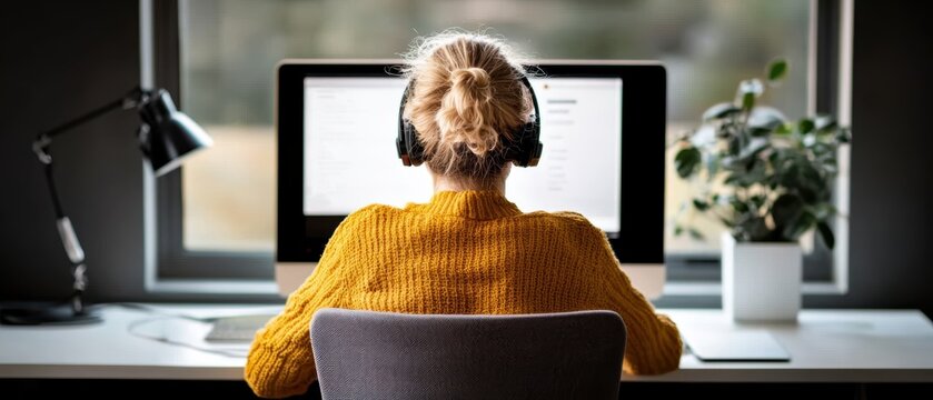 Woman managing a global team via video call, in a bright home office, coordinating across time zones with a tech-savvy vibe