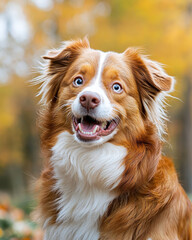A cheerful dog with a fluffy coat, captured in a vibrant autumn setting, showcasing its playful and friendly personality.