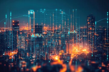 Obraz premium City Skyline Illuminated by Renewable Energy at Dusk, Showcasing Sustainable Urban Development and Innovation.