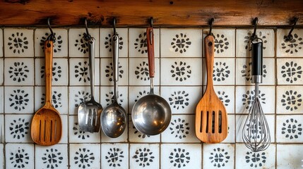 Kitchen utensils hanging on tiled wall