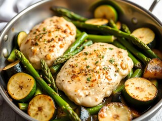  Sautéed Chicken with Asparagus and Zucchini in a Pan, Light and Healthy
