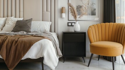 Generative AI, Minimalist Modern Bedroom with Bold Yellow Accent Chair and Concrete Elements