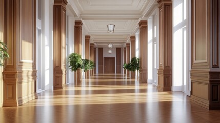 Fototapeta premium A spacious hallway with wooden accents and plants, illuminated by natural light.