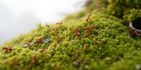  Red Ants Crawling on Mossy Ground in the Early Morning Fog