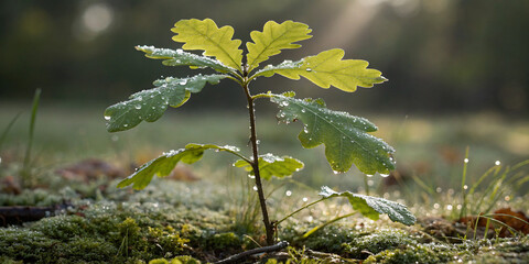 Tiny Oak Sapling with Dew-Kissed Leaves
