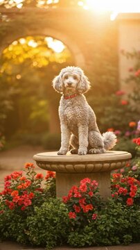 A playful caniche royal sits proudly on a stone pedestal surrounded by vibrant flowers in a sunlit garden - "caniche royal"