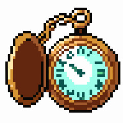 Retro Pixel Art Pocket Watch with Chain in 8 Bit Style Illustration