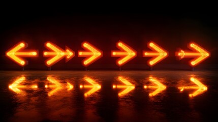 Naklejka premium Glowing Neon Arrows Reflecting On Dark Wet Surface