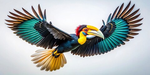 Obraz premium Silhouette of Wreathed Hornbill in Flight - Isolated Bird Wildlife Photography