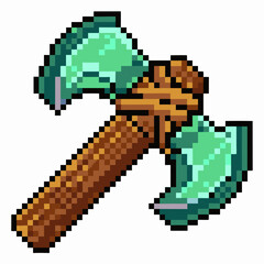Obraz premium Pixel Art Double Headed Axe Icon with Wooden Handle and Green Blades