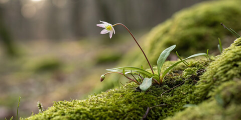 Tiny Wildflower Sapling Sprouting from Moss