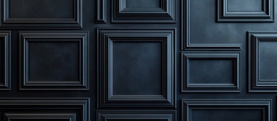 Elegant black wall featuring multiple empty highlighted frames arranged in a grid pattern, showcasing classic design and texture for artistic displays.