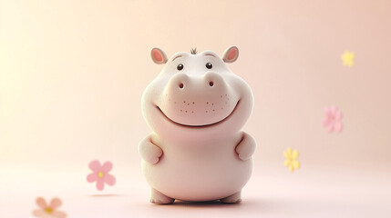 Cute 3D White Hippo Character Smiling on Pastel Floral Background