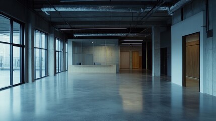 Obraz premium A spacious, modern reception area with large windows and polished concrete floors.