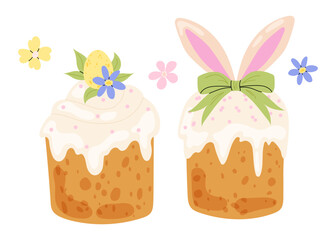 Set Easter cake. Holiday pastry with cream decorated bow, bunny ears, with eggs, spring flowers. Christian spring holiday.