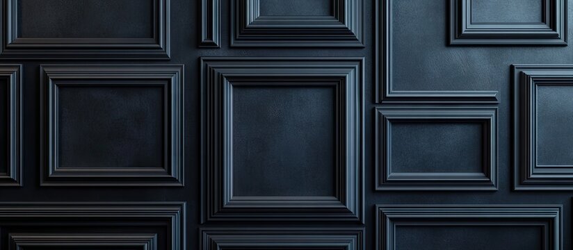 Naklejki Elegant black wall featuring multiple empty highlighted frames arranged in a grid pattern, showcasing classic design and texture for artistic displays.