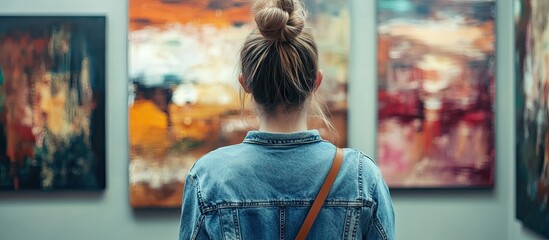 Young woman with a bun wearing a denim jacket gazes at colorful abstract paintings in a contemporary art gallery, capturing inspiration and creativity.