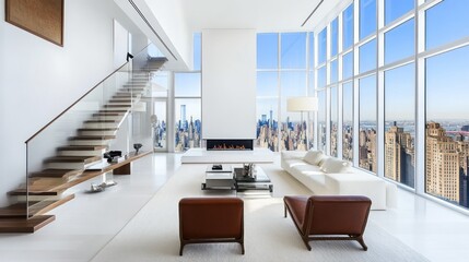 Fototapeta premium Modern NYC penthouse living room, city view, luxury interior design, real estate