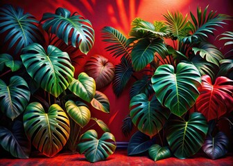 Obraz premium Surreal red Monstera leaves dominate a fantasy wall, abundant and vibrant in this tropical art.