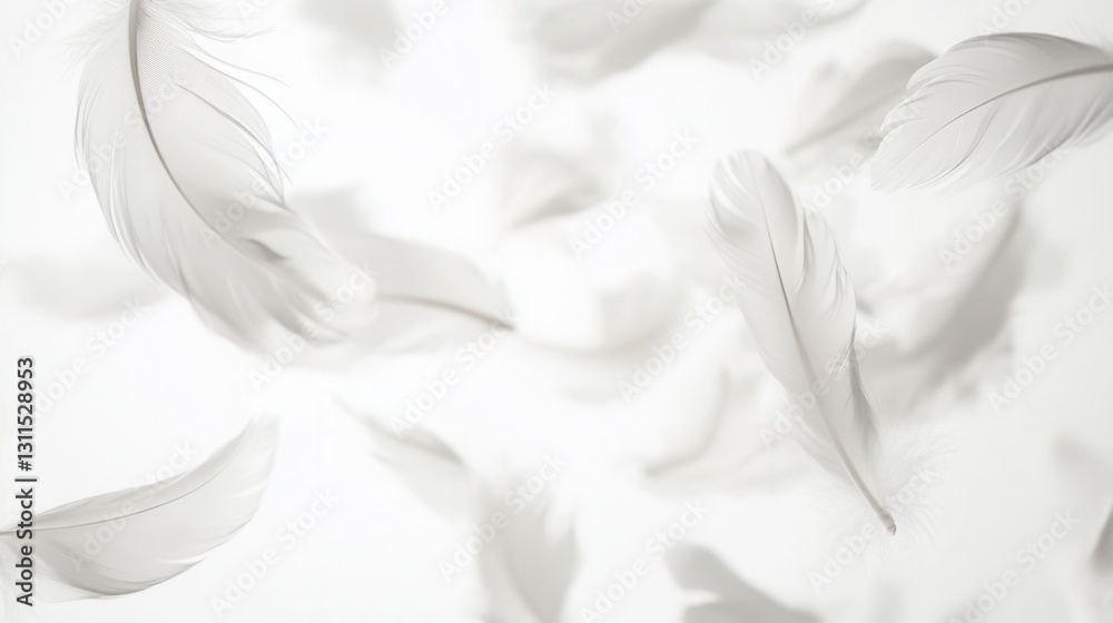 Fototapete soft floating feathers create a dreamlike atmosphere against a white background in high key photogra