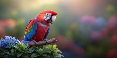 A vibrant parrot perched on a branch, surrounded by lush greenery, showcasing its colorful plumage in a soft, natural setting.