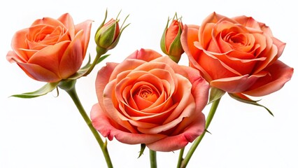 Fototapeta premium Silhouetted Coral Roses & Buds: Isolated White Background Stock Photo