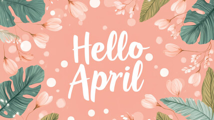 Hello April text surrounded by tropical leaves and flowers, pink background