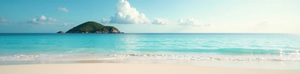 Fine sand, clear water, distant island silhouette, paradise, ocean view, sand