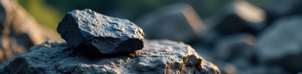 Lump coal rests on jagged rock, outdoor setting , still life, grey, material