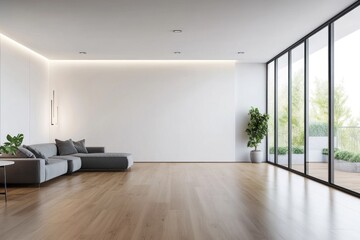 Modern minimalist living room with large window and grey sectional sofa.