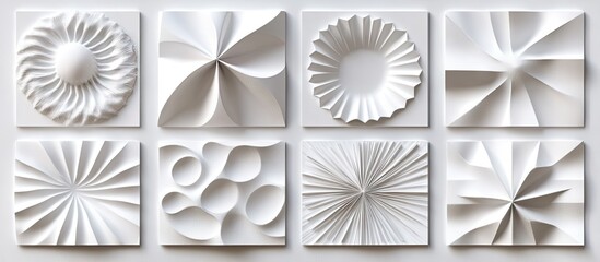 Minimalist white wall background featuring abstract folded paper textures in nine unique patterns arranged in a grid format against a light backdrop