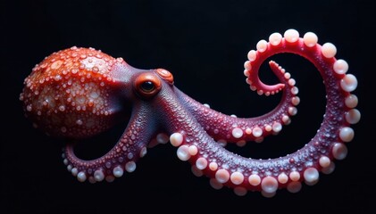 Fototapeta premium Single octopus tentacle with suckers, black backdrop , detail, dark background
