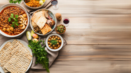 Passover meal setup with traditional dishes on wooden background with copy space