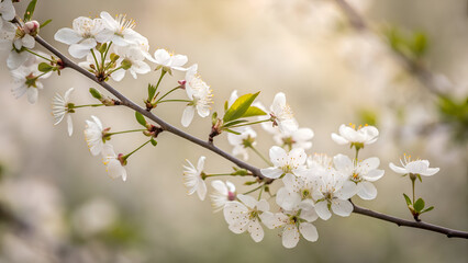 Delicate white flowers bloom on a tree branch, with a sunlit orchard softly blurred into the distance."*
