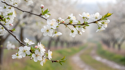 Delicate white flowers bloom on a tree branch, with a sunlit orchard softly blurred into the distance."*