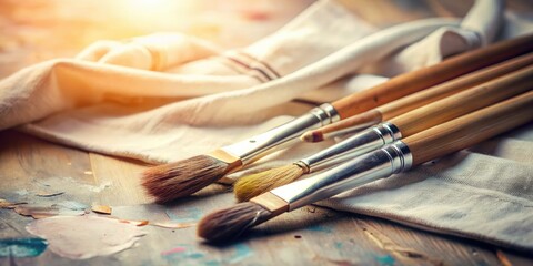 Fototapeta premium Vintage art supplies â€“ paintbrushes, canvas, clothespins â€“ artfully captured.