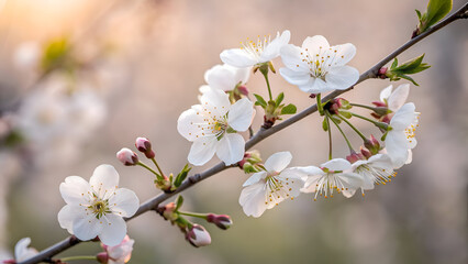 Fototapeta premium Delicate white flowers bloom on a tree branch, with a sunlit orchard softly blurred into the distance.