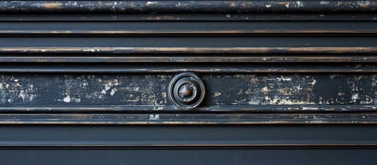 Obraz premium Weathered black wooden panel with distressed finish featuring intricate details and a round knob, showcasing shades of deep black and subtle bronze tones.