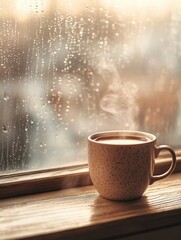 Obraz premium Warm cup of tea sits on a wooden windowsill while raindrops decorate the glass in soft daylight