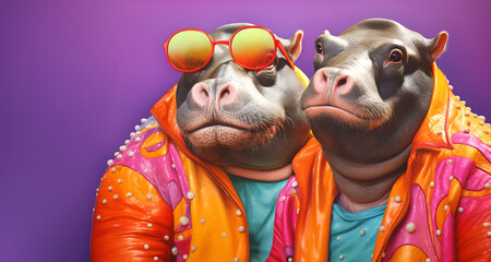 Creative animal concept. Group gang of hippo hippopotamus in sparkly rock punk neon bright colour outfit, copy text space. commercial, editorial advertisement party invitation invite	
