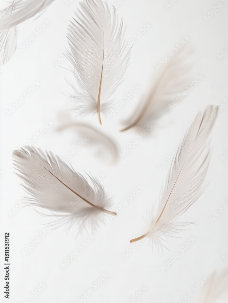 Aufkleber delicate white feathers gently floating in a dreamlike composition over a soft white background