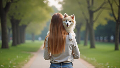 Young woman with joyful mood holding a fluffy dog on her shoulder in a park