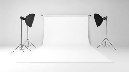 Professional photography studio setup with lighting equipment and backdrop